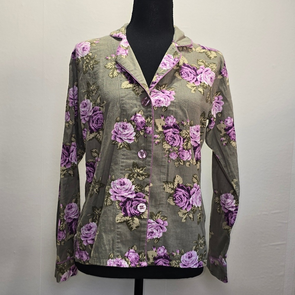 PJ Salvage Women's Pajama Top Size S Green Purple Floral Cotton Sleep Shirt